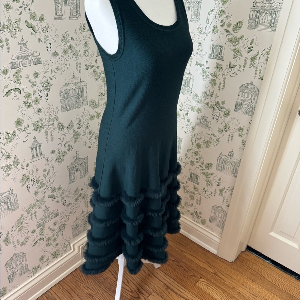 Oscar De La Renta Green Knit Wool and Fur Couture Dress - M
